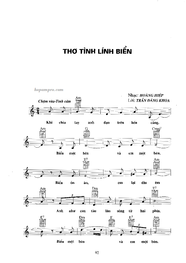 Sheet Nhạc Bài ChÚt ThƠ TÌnh NgƯỜi LÍnh BiỂn Hợp âm Pro
